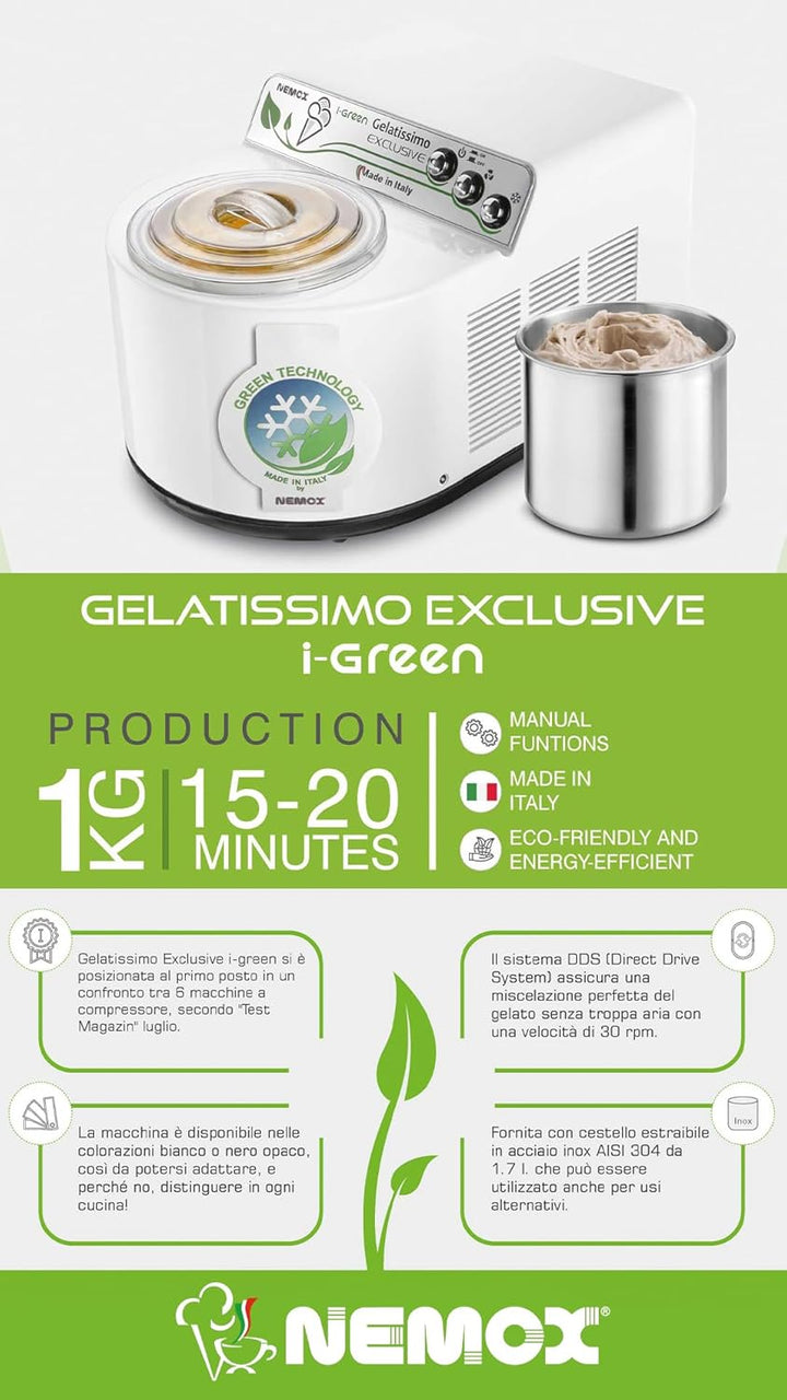 Nemox – GELATISSIMO Exclusive i-green – WEISS – bis zu 1 kg Eis, gefrorener Joghurt, Sorbets, Granit