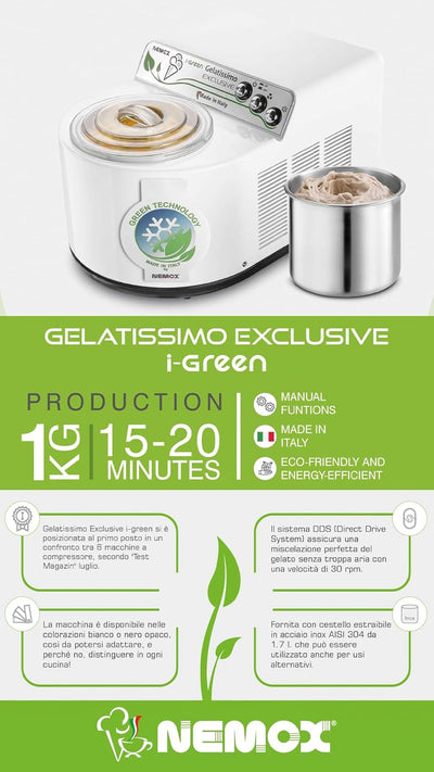Nemox – GELATISSIMO Exclusive i-green – WEISS – bis zu 1 kg Eis, gefrorener Joghurt, Sorbets, Granit