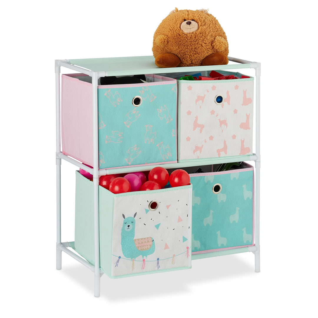 Relaxdays Kinderregal mit 4 Boxen, Jungen & Mädchen, Lama-Design, Regal Kinderzimmer, Spielzeug, HBT