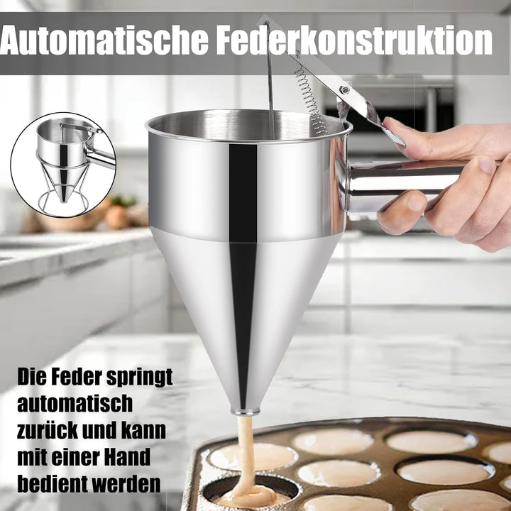 Pfannkuchen Teigspender, 600ml Pfannkuchen Teigspender Teigportionierer Edelstahl, Backtrichter Kolb