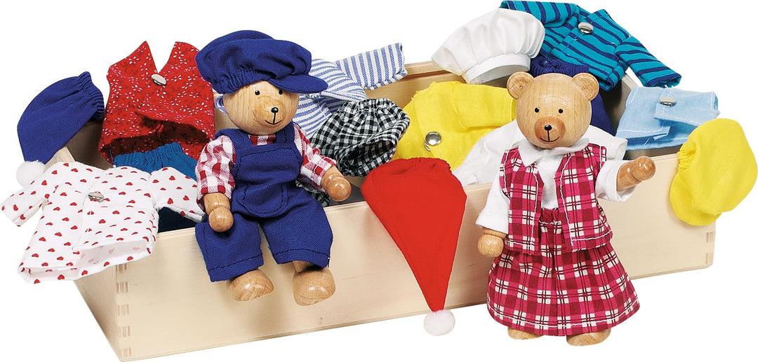 goki 51914 - Biegepuppen Bärchens Klamottenkiste, nachhaltige Holzfiguren, Puppen für Kinder, bewegl
