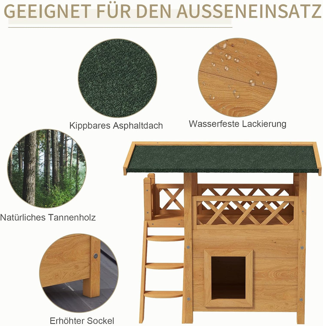 PawHut Katzenhaus aus Holz Winterfest wasserdicht Katzenhütte mit Asphaltdach Terrasse Treppe Katzen