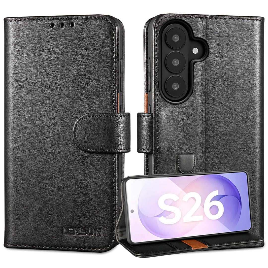 LENSUN Echtleder Hülle für Samsung Galaxy S26, Handyhülle [Echtes Leder][Kartenfach][RFID Schutz Bri
