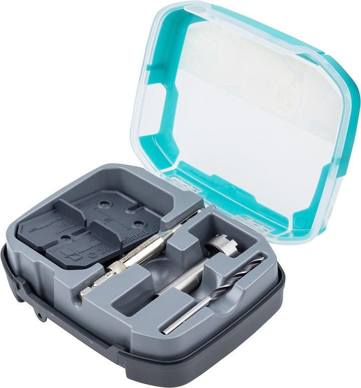wolfcraft Scharnierloch-Set 4655000 Zur einfachen Installation von Topfscharnieren, 26 mm türkis, 26