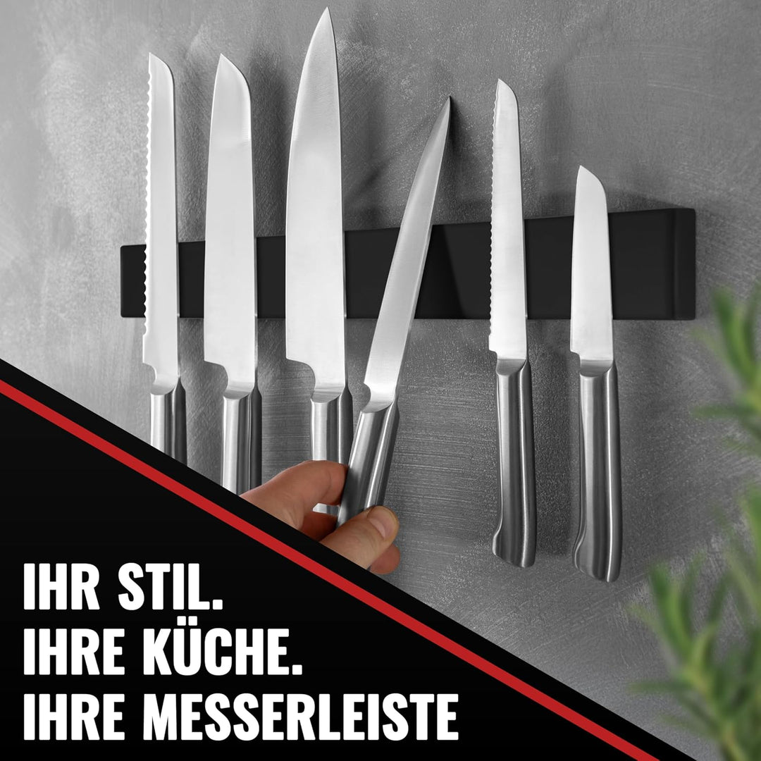 Poppstar Edelstahl Messer Magnetleiste 40cm mit extra starkem Magnet, schwarz, selbstklebend, Schwar
