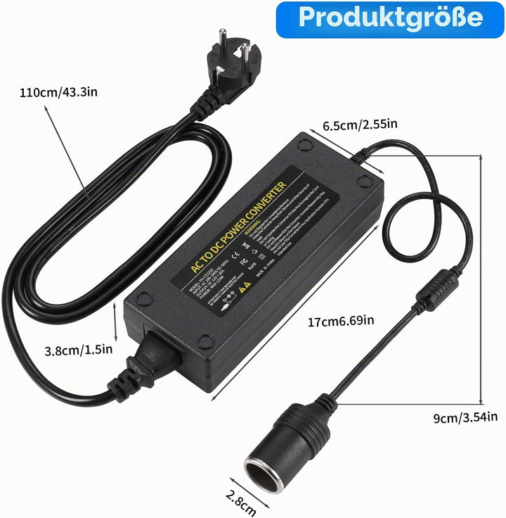 JIZZU 120W 10A KFZ Netzadapter Spannungswandler 230V auf 12V Adapter für Kühlbox, Haushalt Stromrich