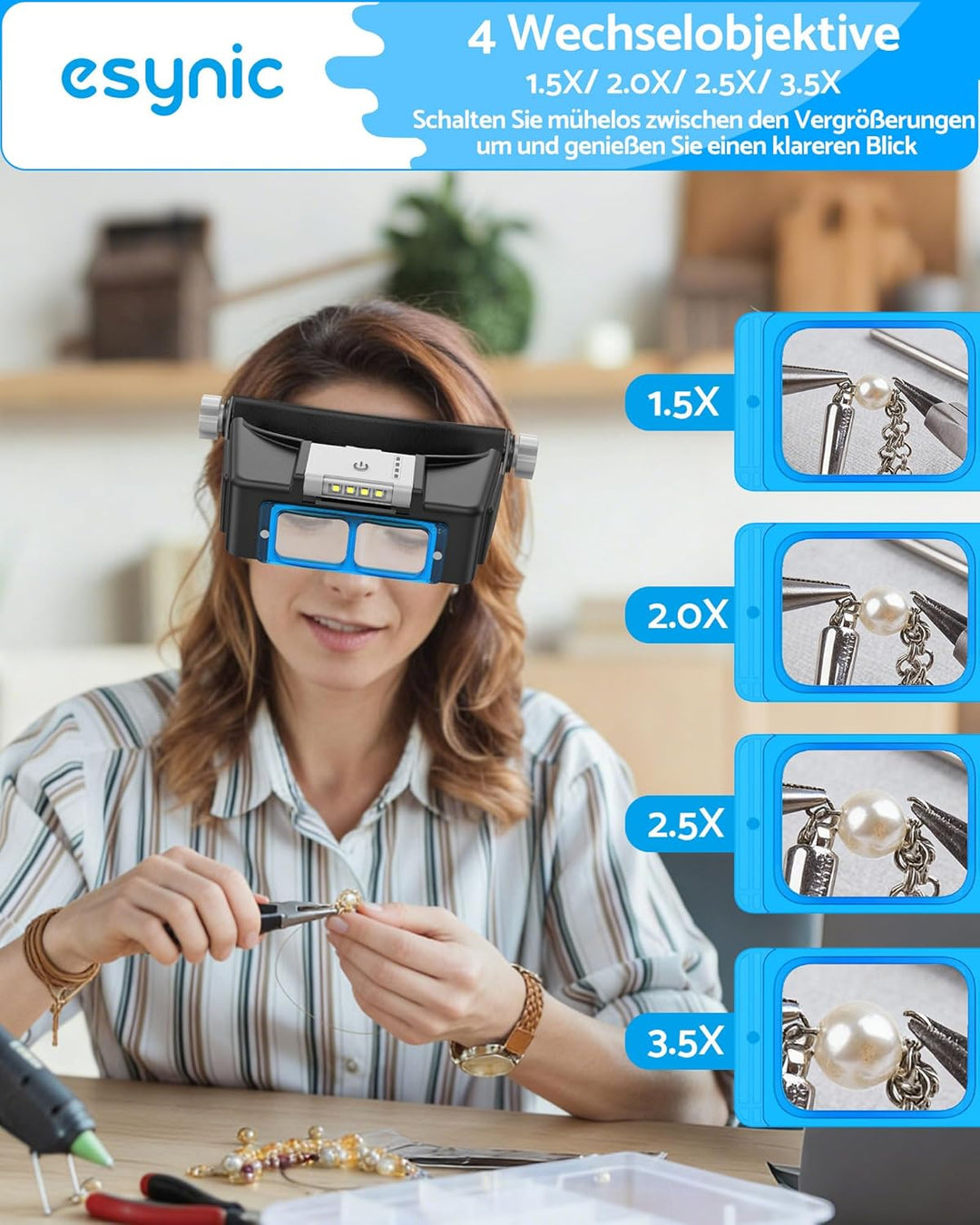 eSynic Stirnbandlupe mit LED Licht Stirnlampe Lupe 4 Wechsel-Linse 1.5X–3.5X Wiederaufladbar 300mAh