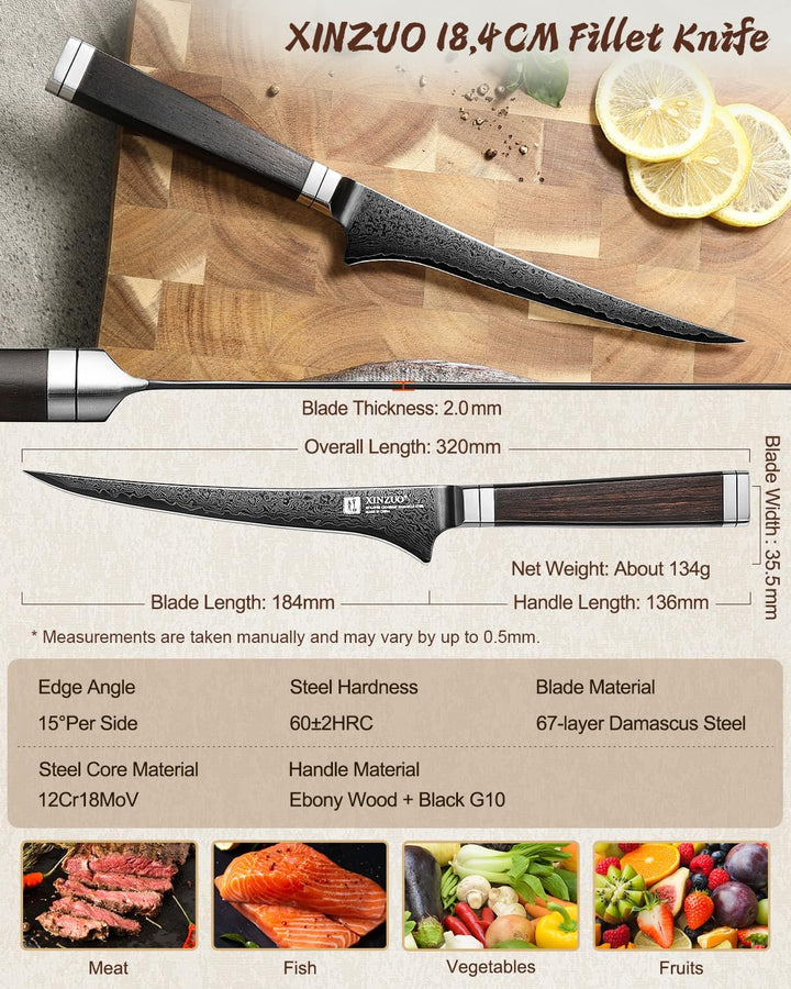 XINZUO 18,4cm Damaststahl Filetiermesser-Schwarze Klinge -67 Schichten Damastmesser Fischmesser Prof