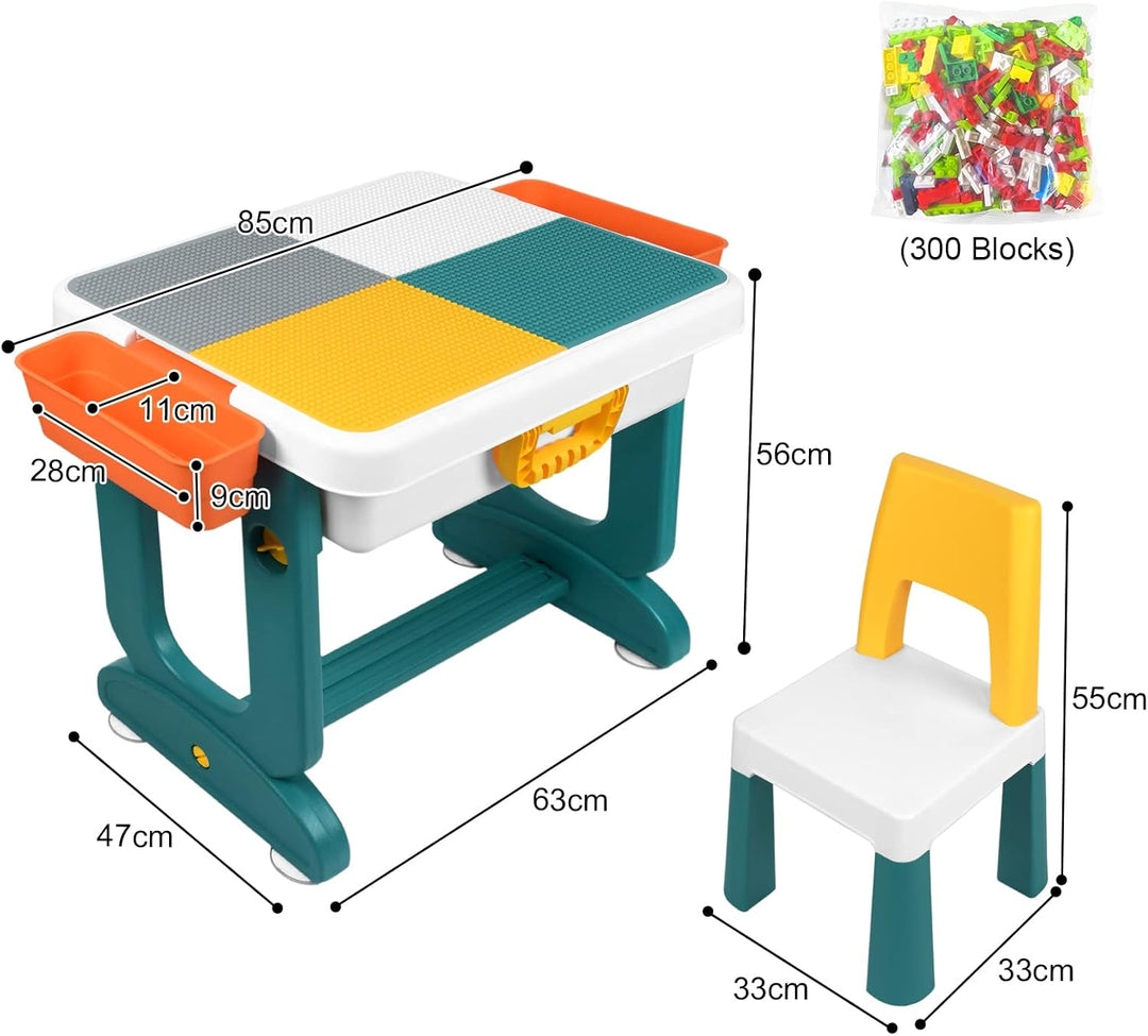 6-in-1 Kindertisch mit 2 Stühle, Kinder Spieltisch mit 300 Bausteinen, Doppelseitiger Tischplatte, M