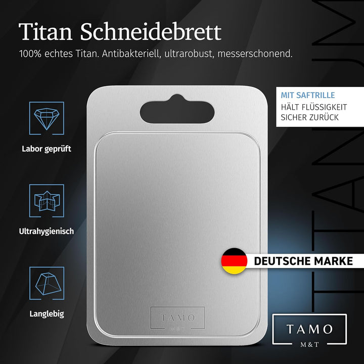 TAMO Titan Schneidebrett, mit Saftrille, aus 100% reinem Titan, hygienisch, antibakteriell & langleb
