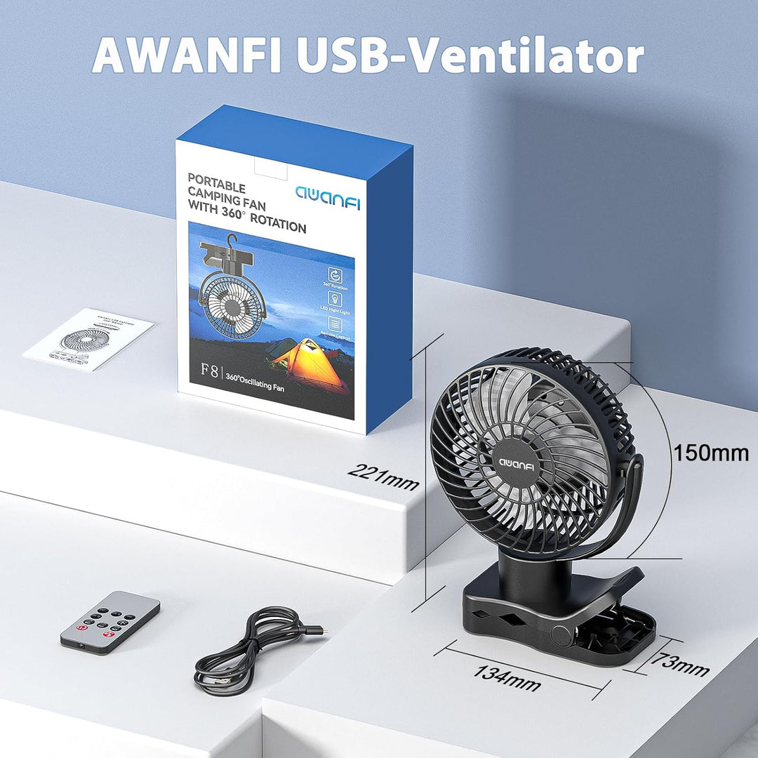 10000mAh USB Ventilator, Akku Camping Ventilator mit Fernbedienung, 360° Oszillation, Clip Ventilato