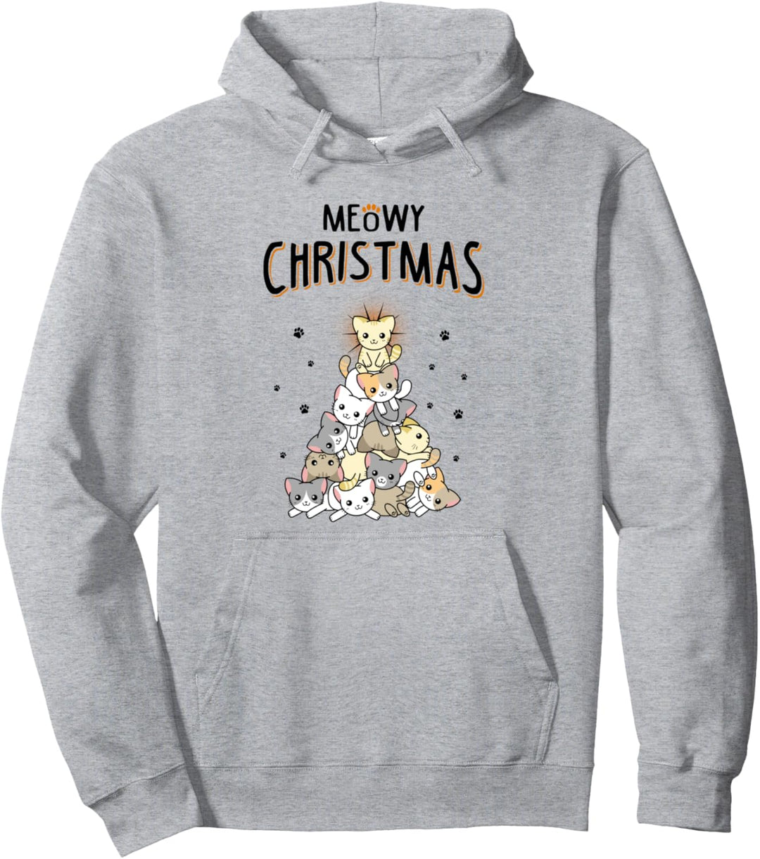 Meow Christmas Cute Cat Lover Funny Ugly Christmas Pullover Hoodie