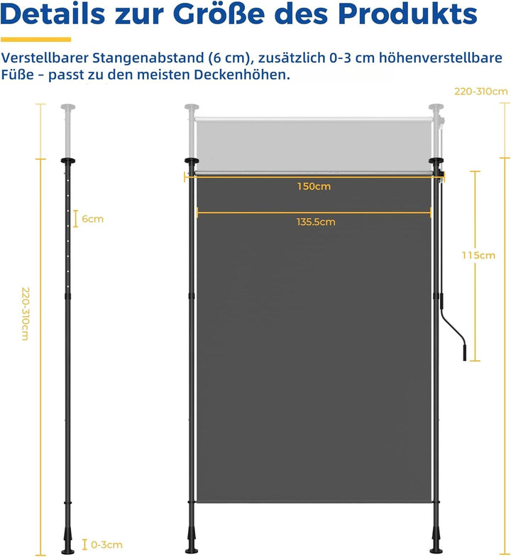 HOMEDEMO Senkrechtmarkise Aussen, Vertikalmarkise ohne Bohren, Balkonrollo mit Handkurbel, Sichtschu