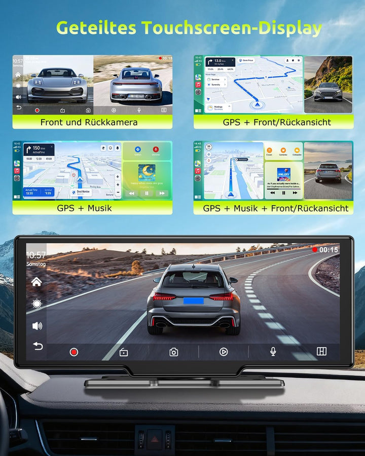 ESSGOO 10.26 Zoll Kabelloses CarPlay Display mit 4K Dashcam 1080P Rückfahrkamera Drahtloser Apple Ca
