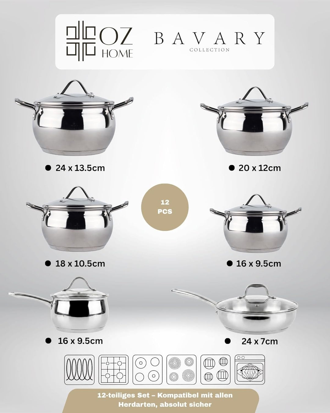 Kochtopfset 12-teilig Induktion Edelstahl 18/10 – BAVARY Apple – Topfset mit Töpfen, Glasdeckeln, St