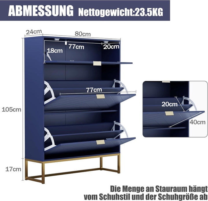 UEV Schuhschrank mit 3 Klappen schmal, 80x24x122cm Schuhkipper (Blau) | Schuhablage Platzsparend mit