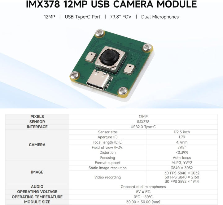 Waveshare IMX378 12MP USB Camera (A), Supports 30 FPS Output, Better Sensitivity In Low-Light Condit