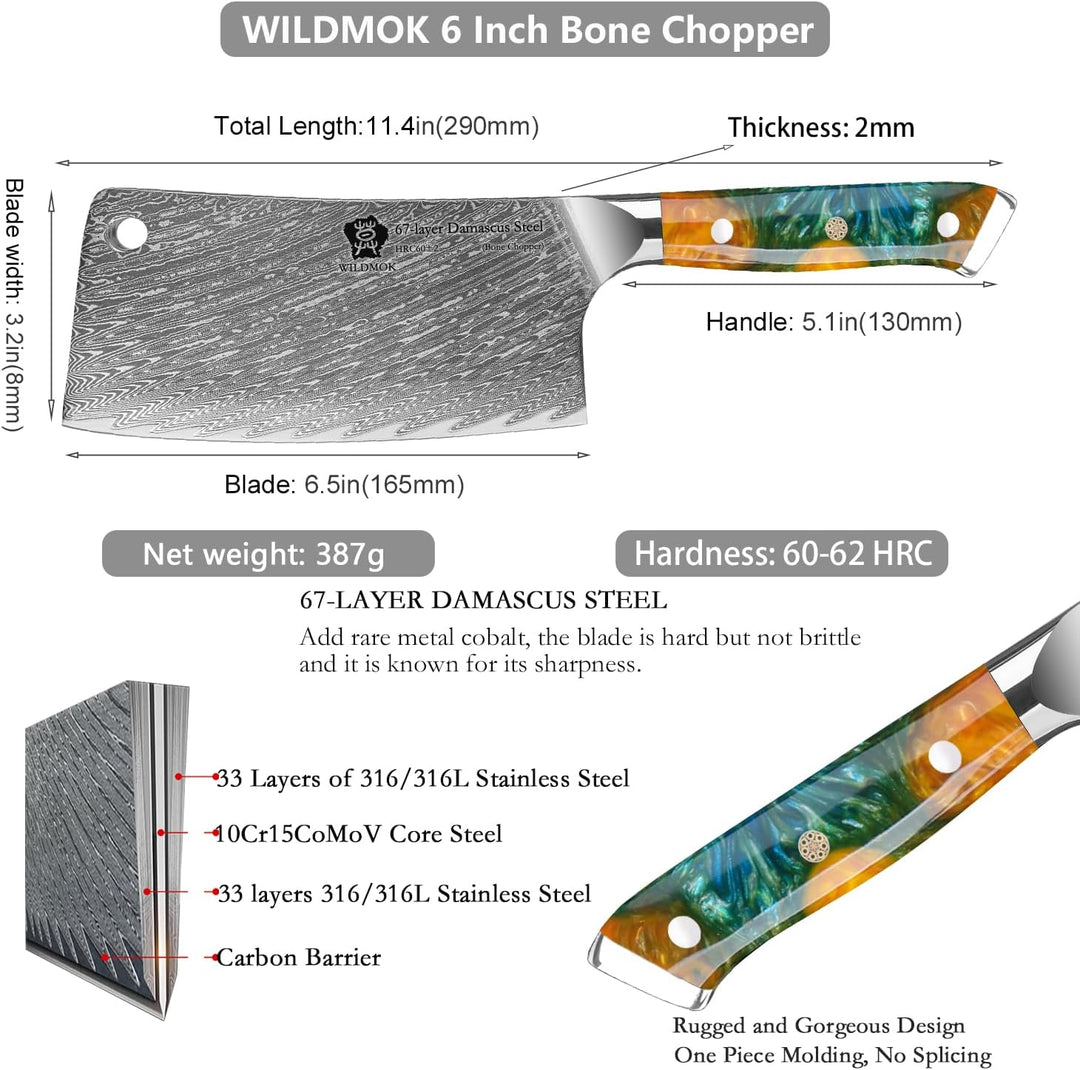 WILDMOK Fleischerbeilmesser 16.5 cm Hackbeil Küchenmesser Hackmesser Metzgermesser Damaststahl für H