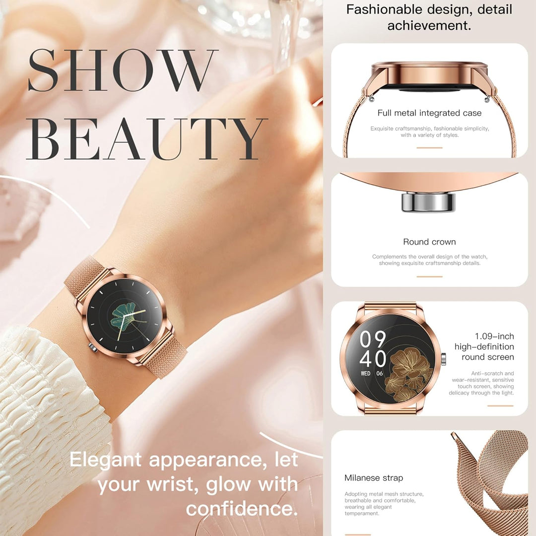 Smartwatch Damen mit Telefonfunktion, 1,09” Fitnessuhr mit 123 Sportmodi, Pulsmesser, Schlafmonitor,