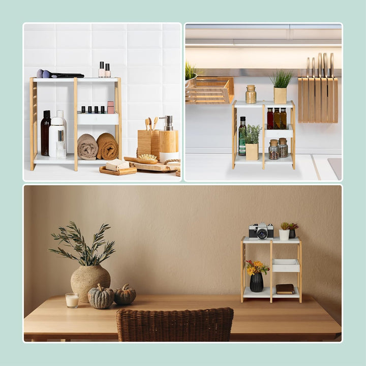 Relaxdays Badregal, 3 Ablagen, HxBxT: 35x34x20 cm, Tischregal für Badezimmer & Küche, Bambus, MDF, n