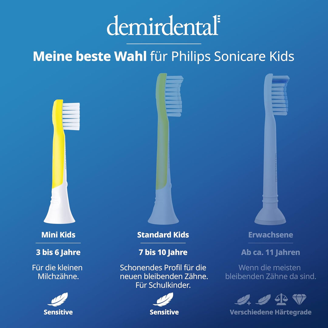 demirdental Kinder Ersatzbürsten passend für Philips Sonicare Kids, Compact Mini Bürstenköpfe für 3-