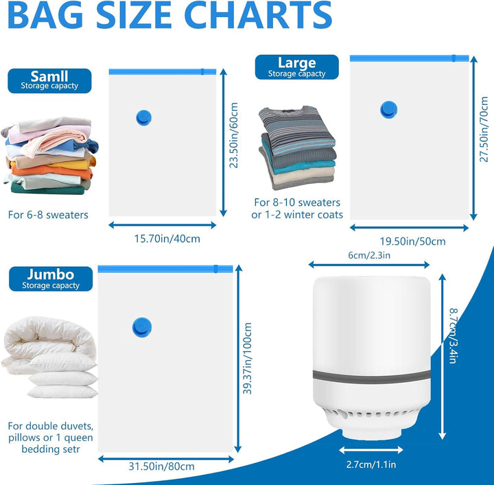 Vakuumbeutel für Kleidung mit Elektrischer Luftpumpe, 9 Stück Vacuum Bags (3x100x80cm, 3x70x50cm, 3x