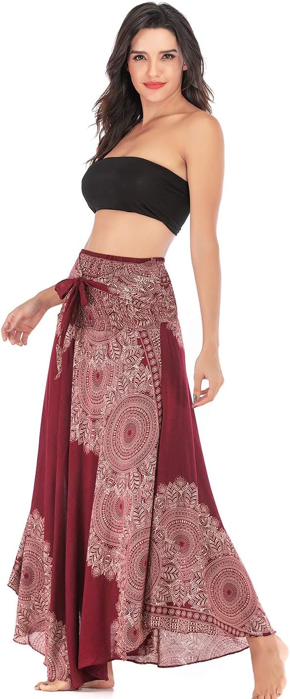 FEOYA 2 in 1 Rock Damen Lang Sommer Maxirock Boho Strandrock Blumen Hohe Taille Hippie Sommerkleid E