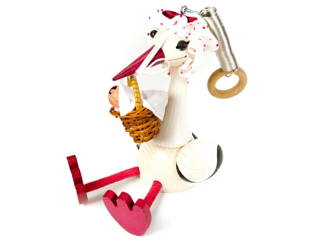 Schwingfigur Storch mit Beutel und Kind – Handgefertigte Dekoration aus Holz