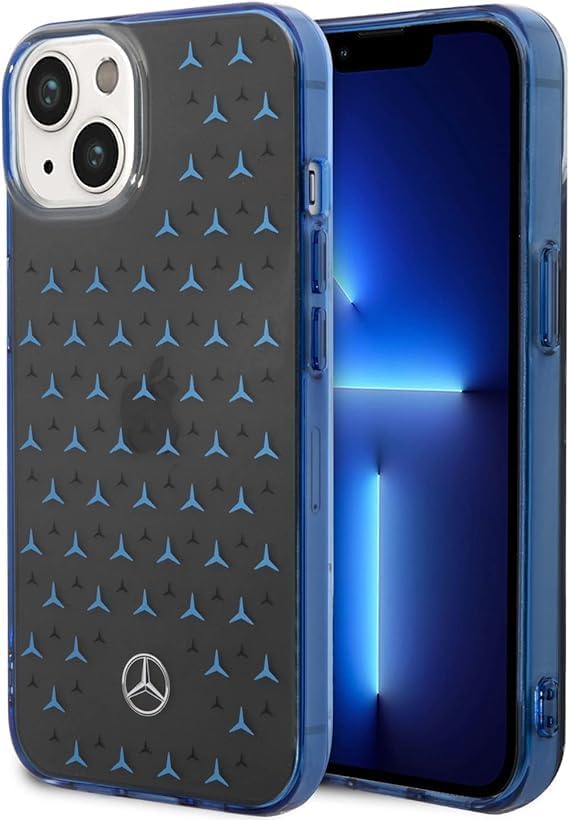 CG MOBILE Mercedes-Benz Schutzhülle für iPhone 14 Plus in Schwarz/Blau Big Star Muster, Anti-Scratch