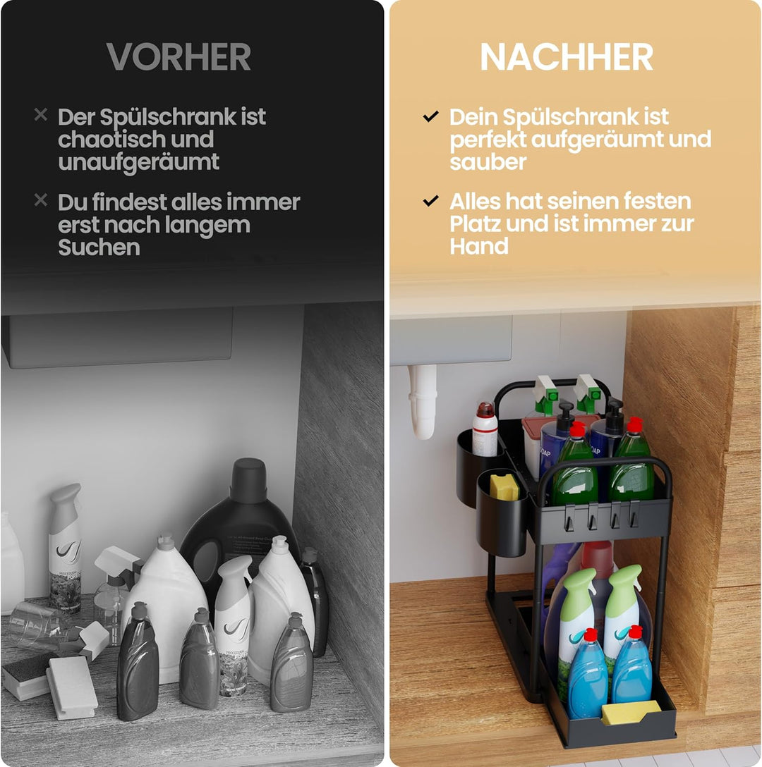 HELDENWERK Unter Waschbecken Regal für Spülenunterschrank höhenverstellbar mit 2 Etagen in schwarz I