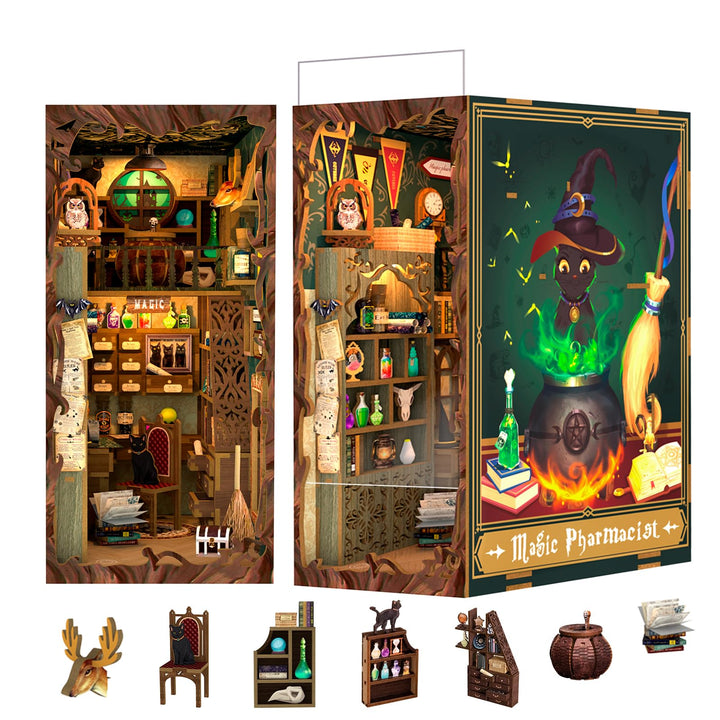 Fsolis Book Nook DIY,Puppenhaus Miniatur Haus Kit mit Holz Möbeln und LED-Licht,Bücherecke Bücherreg