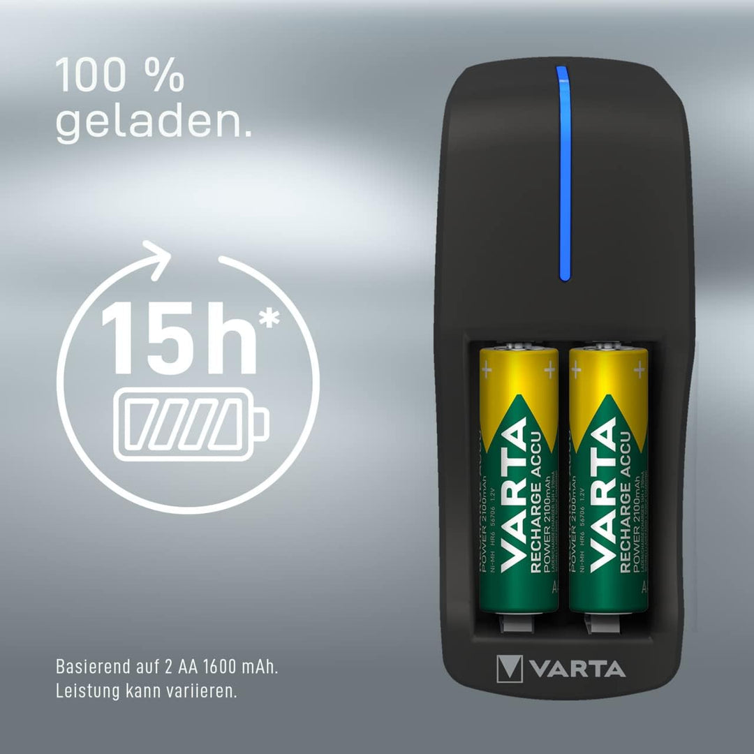 VARTA Akku Ladegerät, inkl. 2X AA 2100mAh, Batterieladegerät für wiederaufladbare Batterien, lädt 2