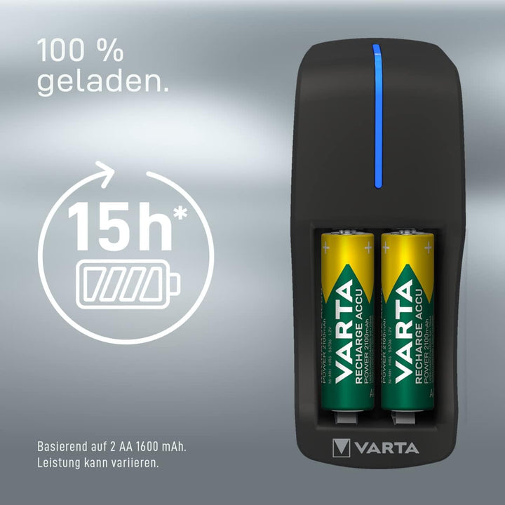 VARTA Akku Ladegerät, inkl. 2X AA 2100mAh, Batterieladegerät für wiederaufladbare Batterien, lädt 2