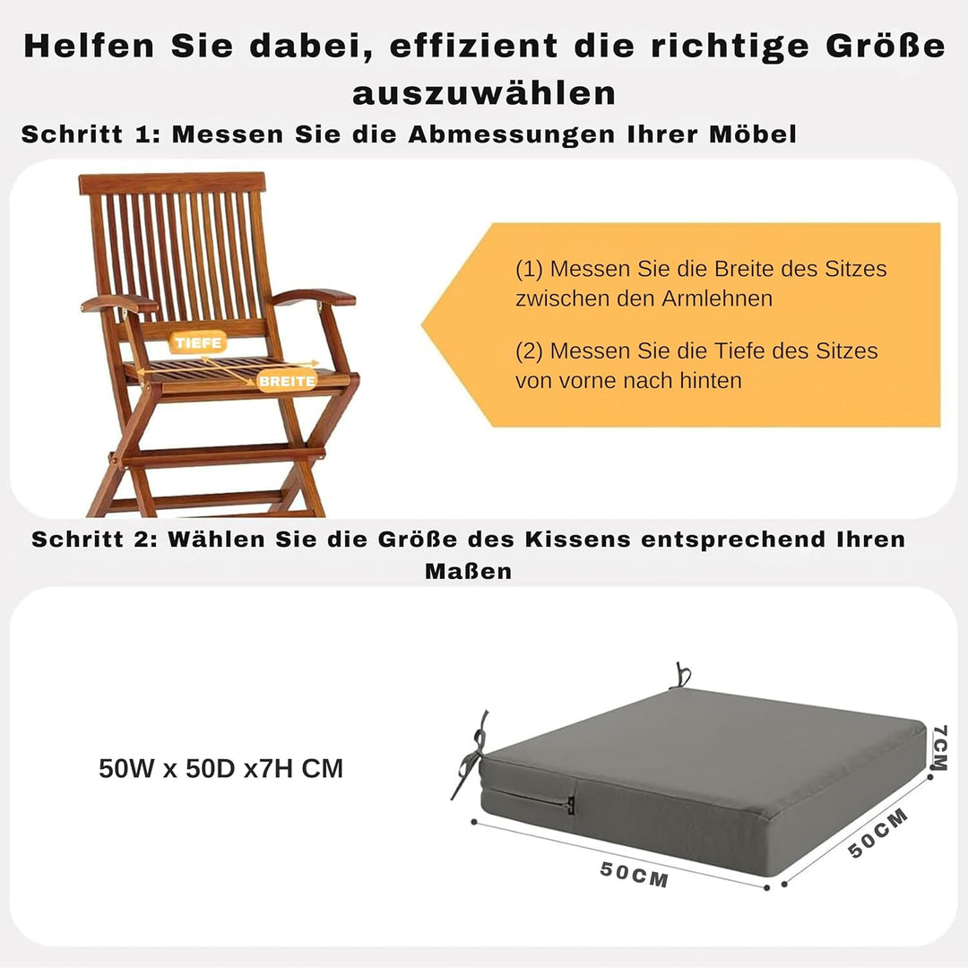 Stuhlkissen 50x50 2er Set für den Aussenbereich, wasserdichte Schaumstoff Sitzkissen Outdoor, Garten