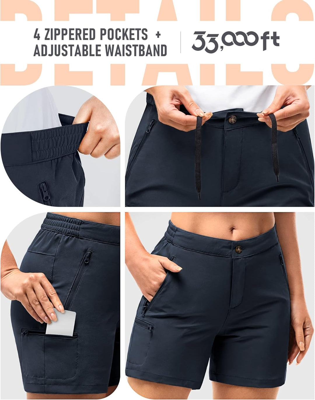 33,000ft Wanderhose Damen Kurz, Cargo Shorts Bermuda Stretch Leichte Laufshorts Sommer UPF50+ Kurze