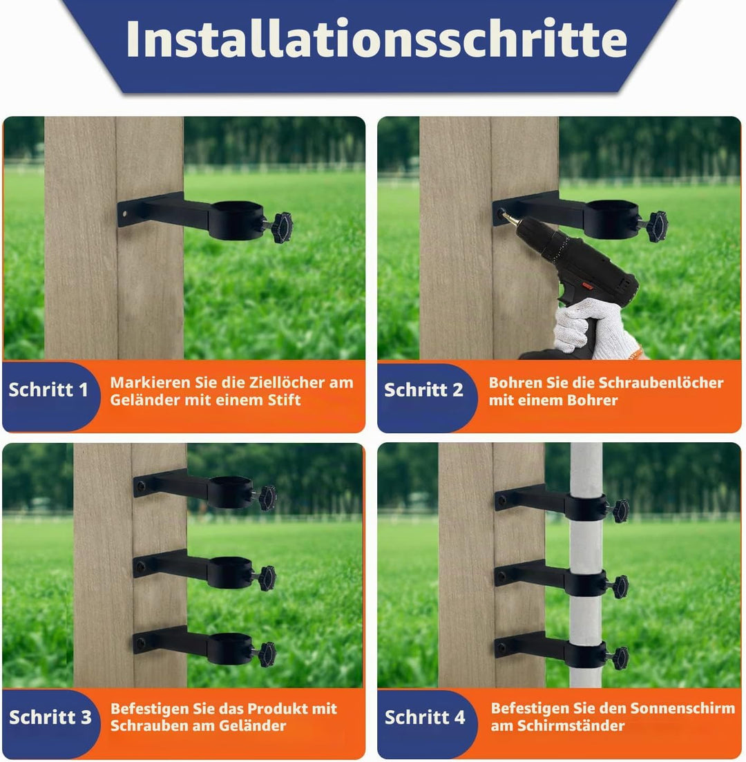 VANROUG 3 Stück schwarze Terrassen-Schirmhalter für den Aussenbereich, Klemmhalterung für Deckgeländ