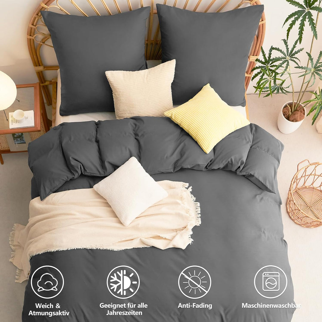 WAVVE Bettwäsche 220x240 3 teilig Anthrazit - Bettbezug 220 x 240 Set mit Kissenbezüge 80x80 cm, Bet