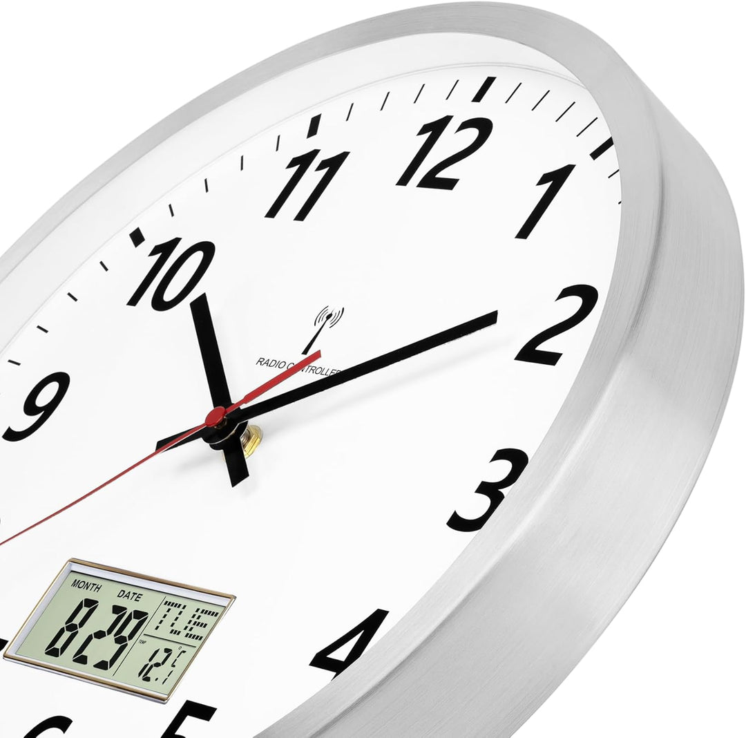 Foxtop Wanduhr Funk Analog 30cm Digitale Wanduhr mit Temperatur und Datum LCD-AnzeigeUhr für Küche,