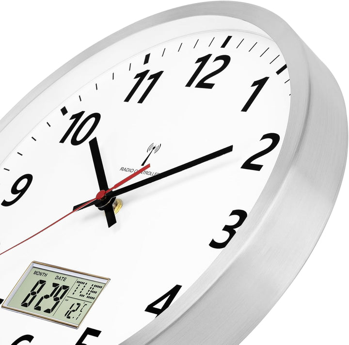 Foxtop Wanduhr Funk Analog 30cm Digitale Wanduhr mit Temperatur und Datum LCD-AnzeigeUhr für Küche,