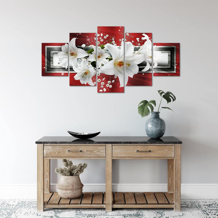 Runa Art Wandbilder Blumen Lilien 5 Teilig Bild auf Vlies Leinwand Deko Wohnzimmer Abstrakt Rot Grau