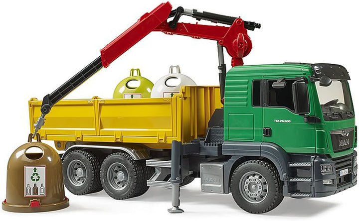 bruder 03753 - Man TGS Kran LKW mit 3 Altglascontainern & Flaschen - 1:16 Lastwagen Laster Kranwagen