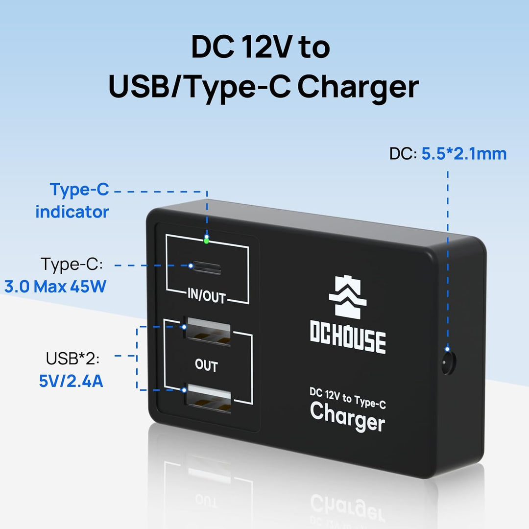 DCHOUSE 12V Lithium Batterie Ladegerät Adapter Konverter, DC zu Typ-C & USB,Bidirektionales Laden un