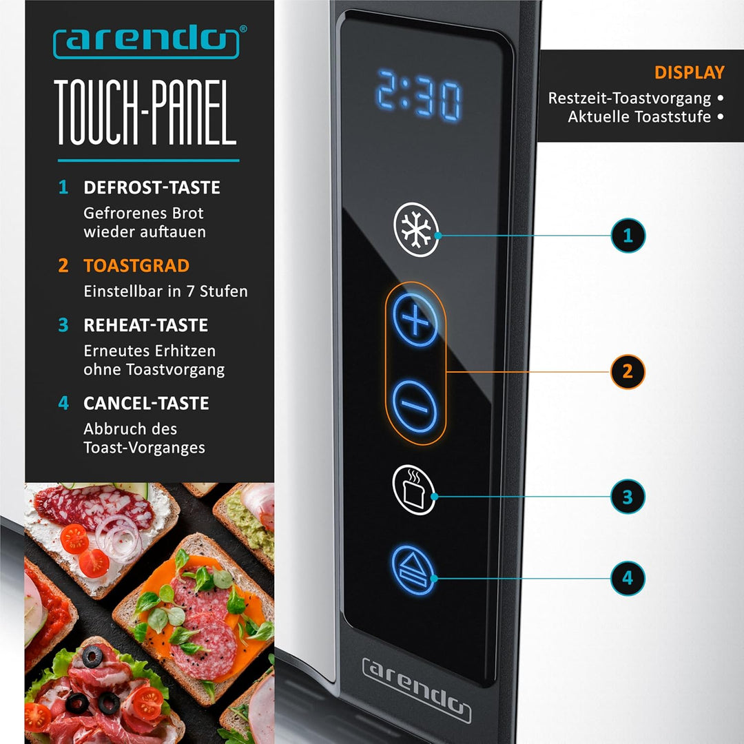 Arendo - Edelstahl Toaster Langschlitz 4 Scheiben- Touchscreen – Doppelwandgehäuse – Integrierter Br
