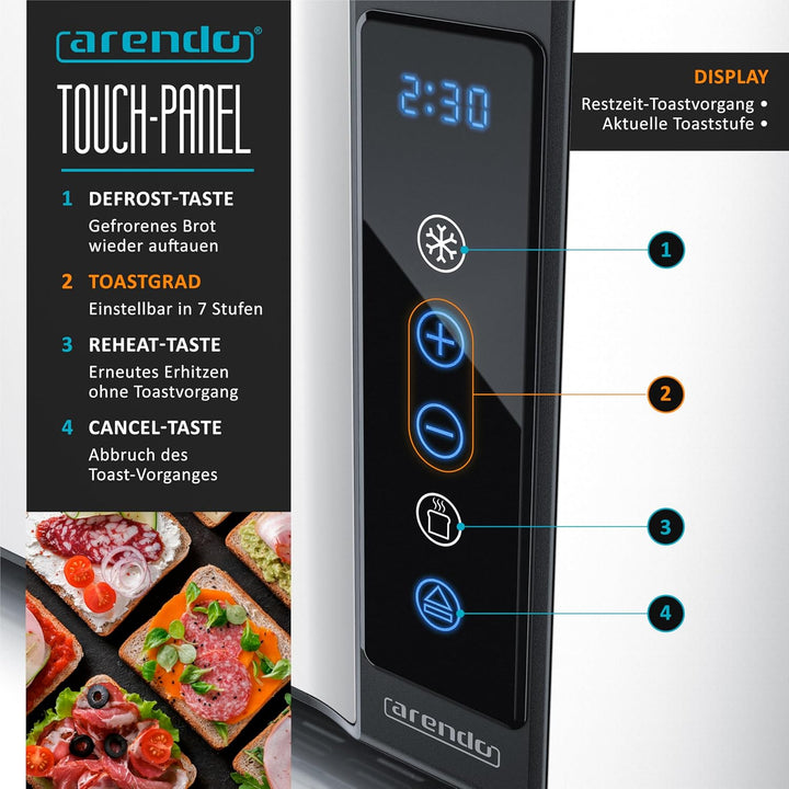 Arendo - Edelstahl Toaster Langschlitz 4 Scheiben- Touchscreen – Doppelwandgehäuse – Integrierter Br