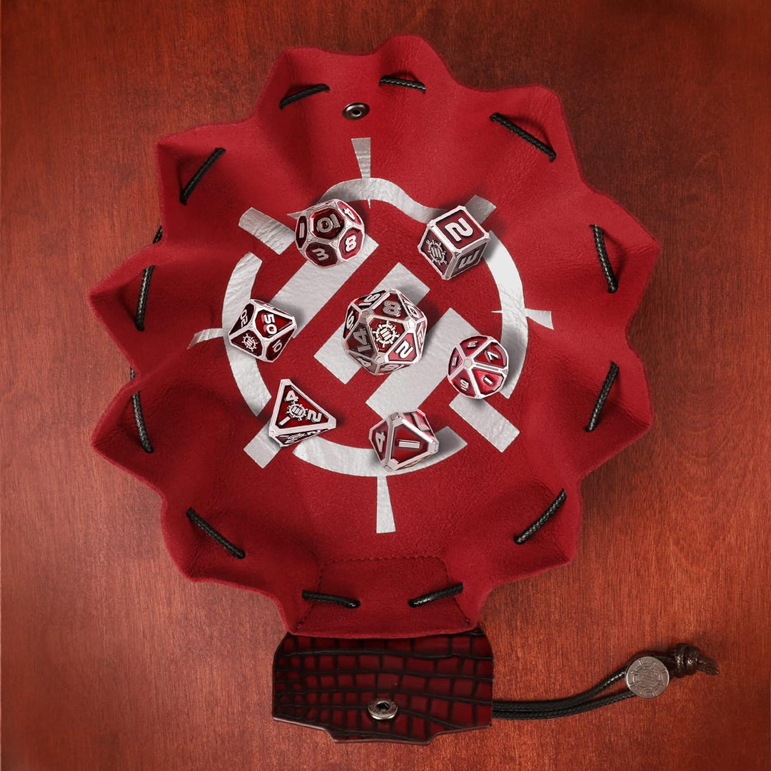 ENHANCE Würfelset aus Metall – 7 polyedrische Würfel mit 2-in-1-Würfeletui und Würfeltablett aus veg