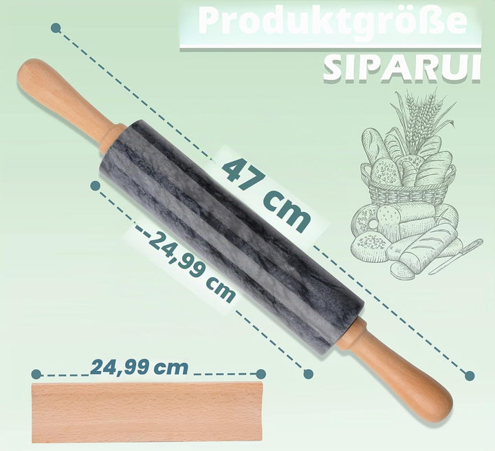 Marmor-Nudelholz mit Holzwiege, dicker Griff, Set zum Backen, 47 cm, hochwertige polierte Walze für