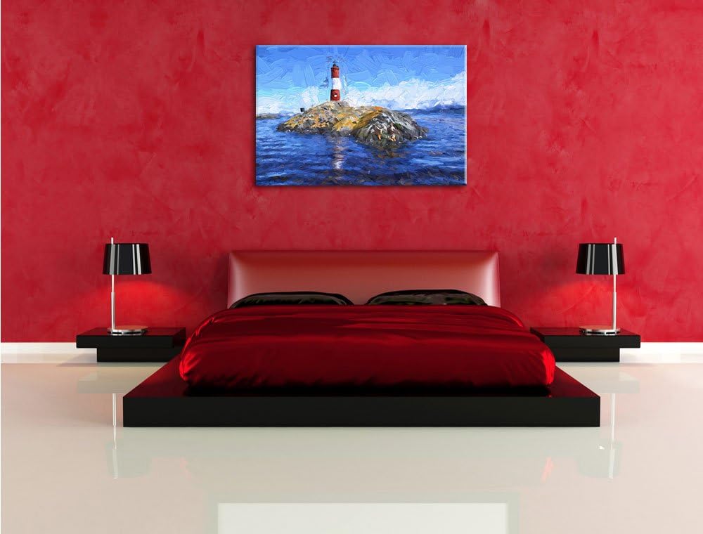 Pixxprint Leuchtturm mit Robben als Leinwandbild/Grösse: 100x70 cm/Wandbild/Kunstdruck/fertig bespan