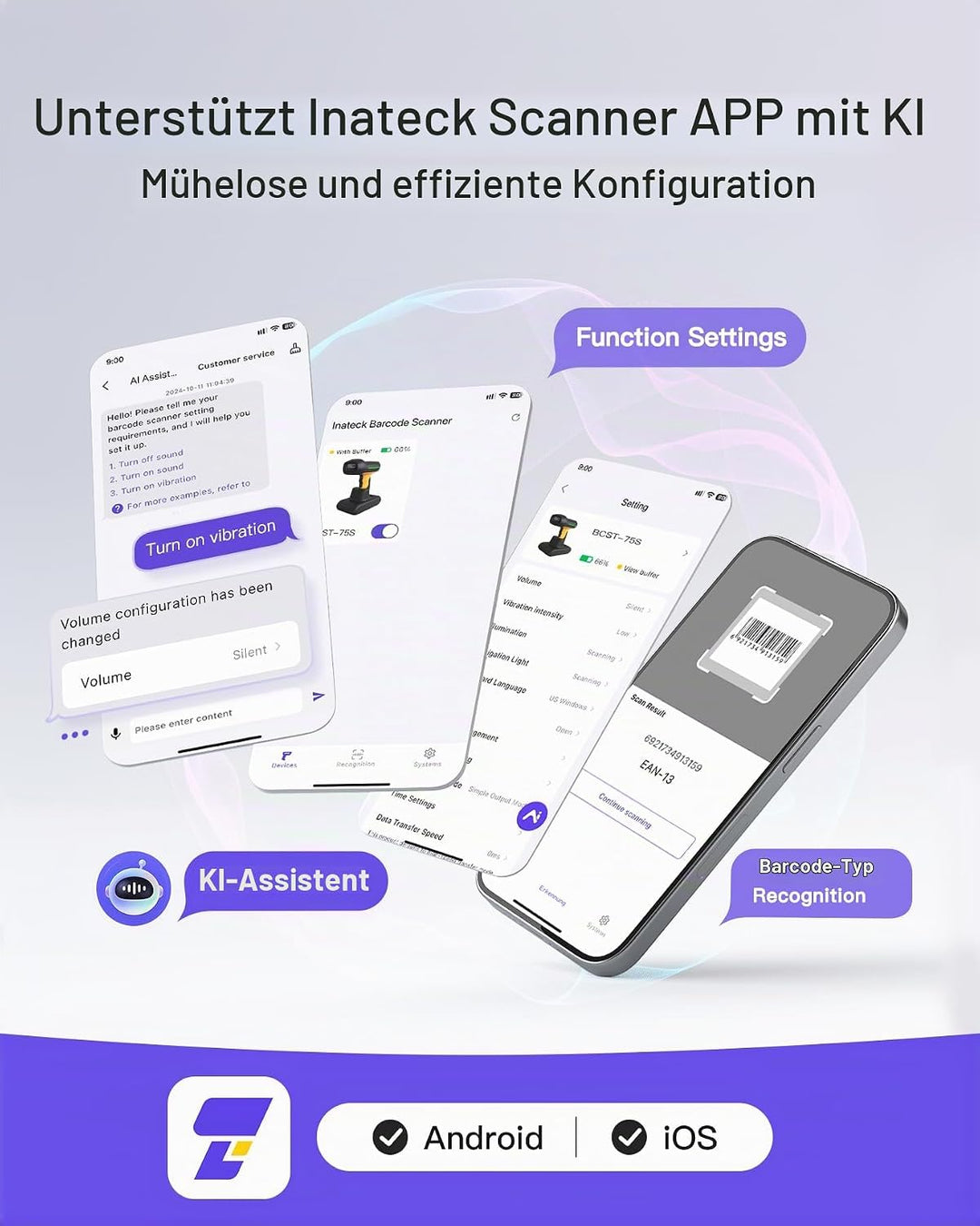 Inateck RFID Barcode Scanner Kabellos, 2D QR Code Scanner Industrial mit Ladestation, IP67 wasserdic