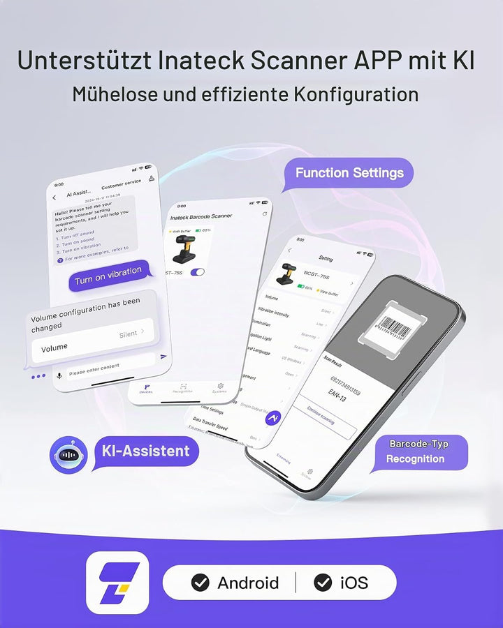 Inateck RFID Barcode Scanner Kabellos, 2D QR Code Scanner Industrial mit Ladestation, IP67 wasserdic