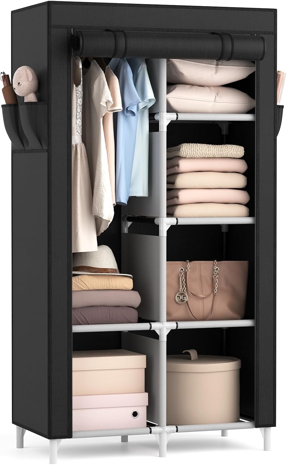 Vicye Kleiderschrank, Stoffschrank mit Kleiderstange, 6 Ablagen, 4 Seitentaschen und Überzug, Kleide